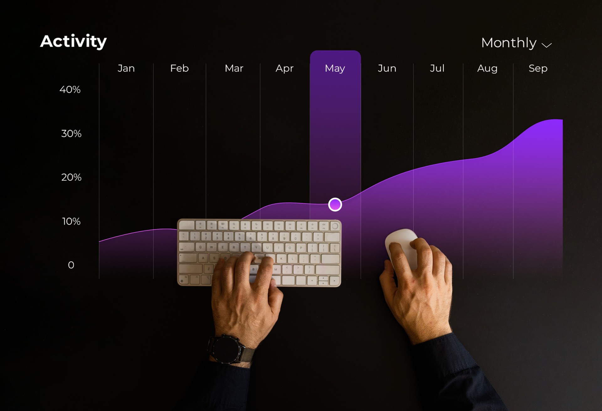 Top view of man using mouse and keyboard over graphic display